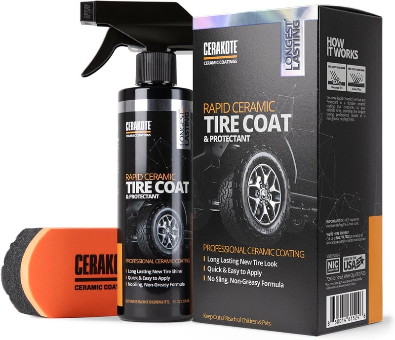 CERAKOTE Rapid Ceramic Tire Coat – Showroom New Tire Shine – Deep Tire Black Finish – Lasts Up to 10x Longer – No Sling, Non-Greasy Ceramic Tire Coating for Car, Truck & SUV – Easy Application (10oz) - Image 1